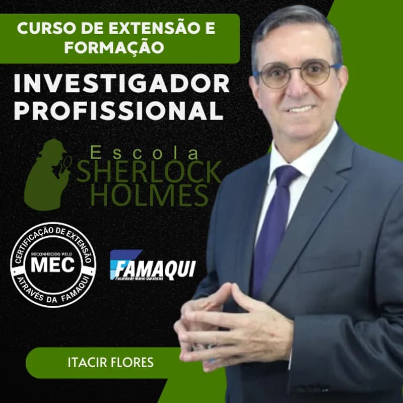 Capa do curso Formação de Investigador Profissional (Detetive Particular), de Itacir Flores, com certificação de extensão