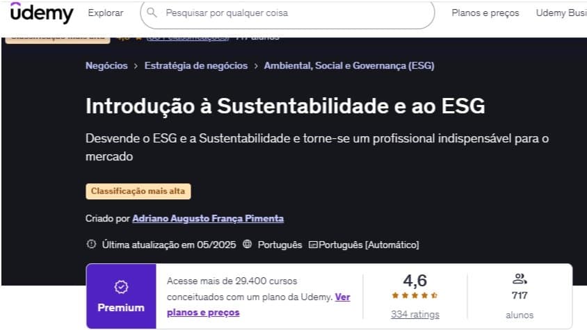 Página do curso Introdução à Sustentabilidade e ao ESG, do Prof. Adriano Augusto, na Udemy